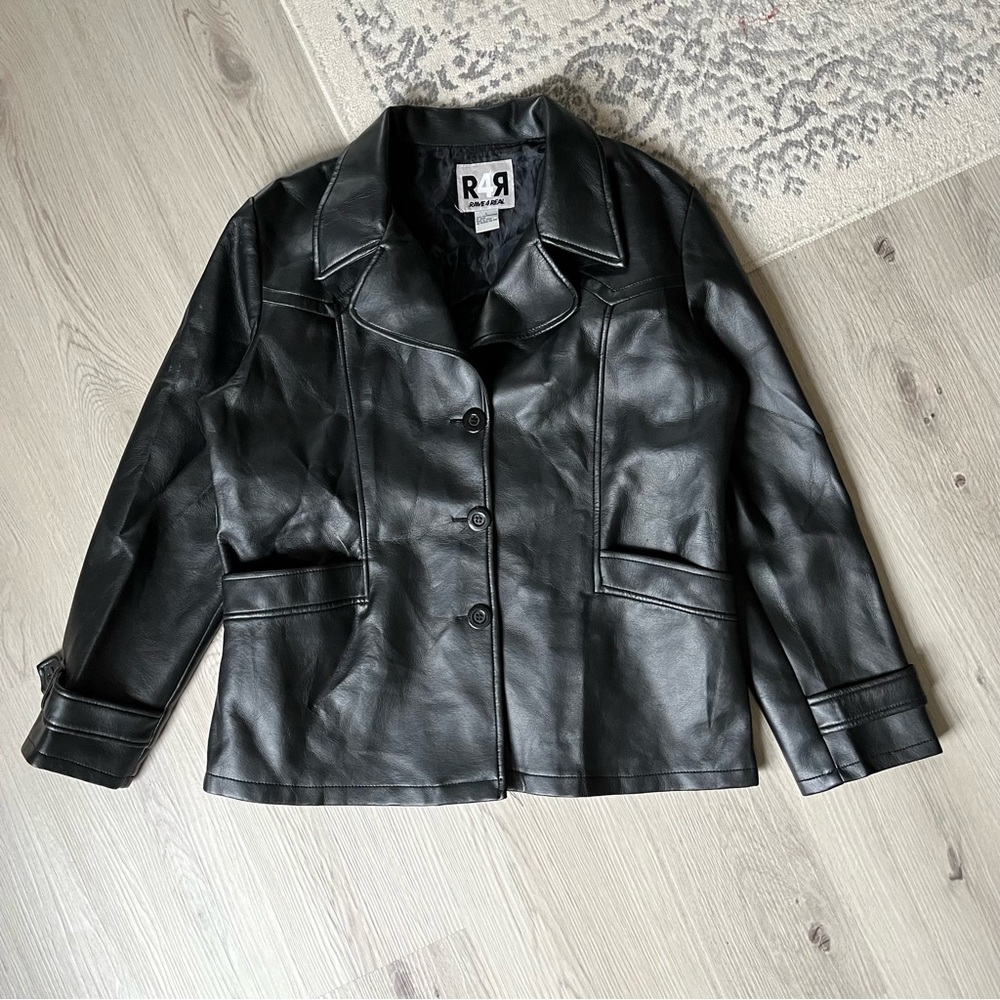 Vintage 90s Y2K Rave 4 Real‎ Black Faux Leather Jacket Large Gothic Grunge Cyber